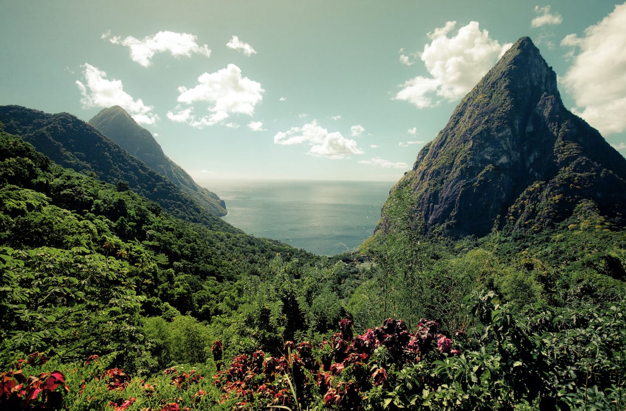 Gli iconici Pitons di Santa Lucia e il Mar dei Caraibi (così come le isole vicine) sono visibili dal Tet Paul Nature Trail © Getty Images