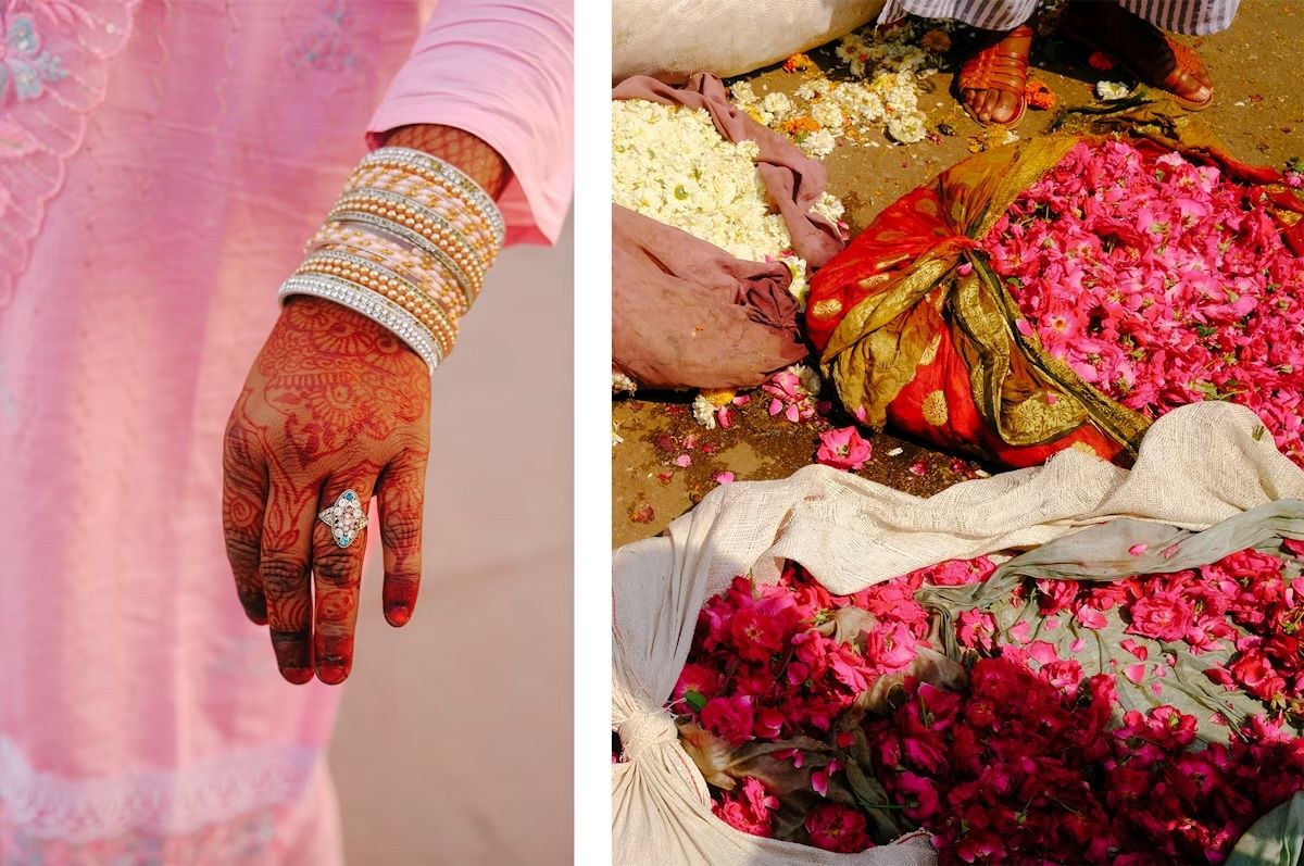 A sinistra: Henné e gioielli ad Agra. A destra: Mazzi di fiori in vendita al mercato dei fiori di Jaipur.