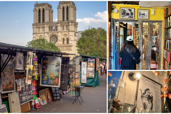 Da sin. i bouquinistes sulla Senna ©Jeff Whyte/Shutterstock; l’autrice da Shakespeare & Co e l’interno di Septime La Cave ©Sasha Brady/Lonely Planet