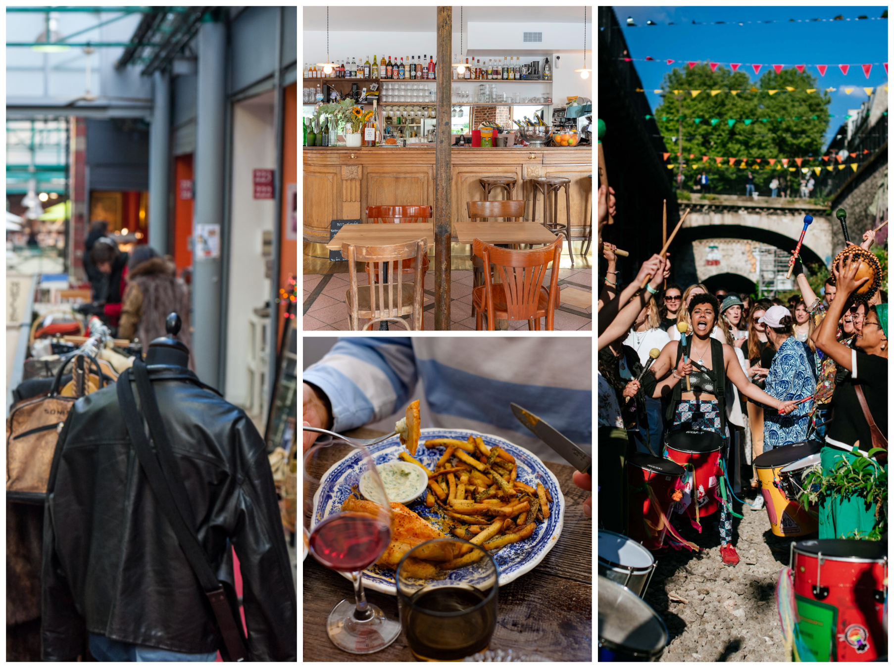 Da sin. il Marché aux Puces ©gabriel12/Shutterstock; il ristorante La Colline ©La Colline; Hasard Ludique ©Mahdi Aridj; pollo alla normanna ©Candide