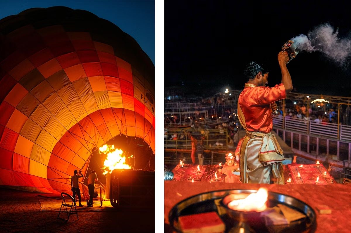 A sinistra: una mongolfiera inizia a gonfiarsi per un viaggio all’alba. A destra: cerimonia Ganga Aarti in onore del fiume Gange.