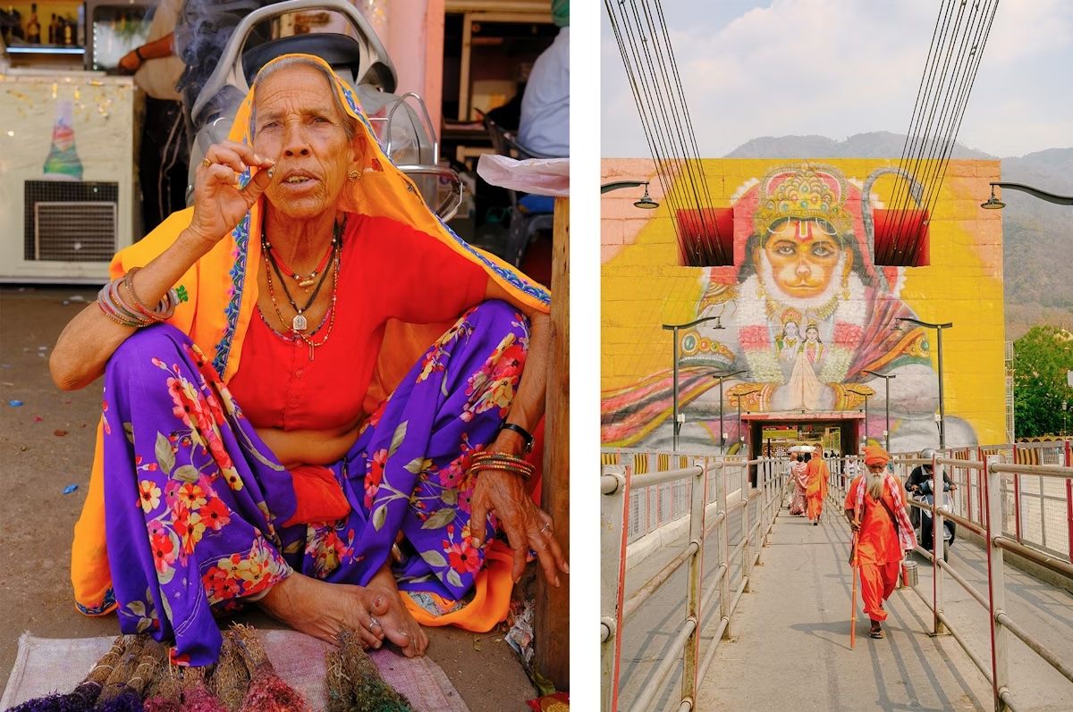 A sinistra: una donna vende erbe aromatiche al mercato ortofrutticolo di Jaipur. A destra: sadhu attraversano il Gange su un ponte pedonale a Rishikes