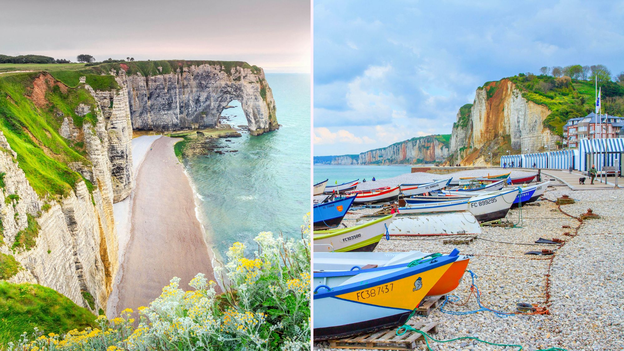 Le celebri scogliere di Étretat, a sinistra, sono le stesse che si possono ammirare da Yport. © Shutterstock