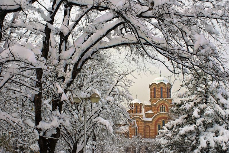 Chiesa di San Marco in una innevata Belgrado, Serbia. Foto di Dragan Todorovic/Getty Images