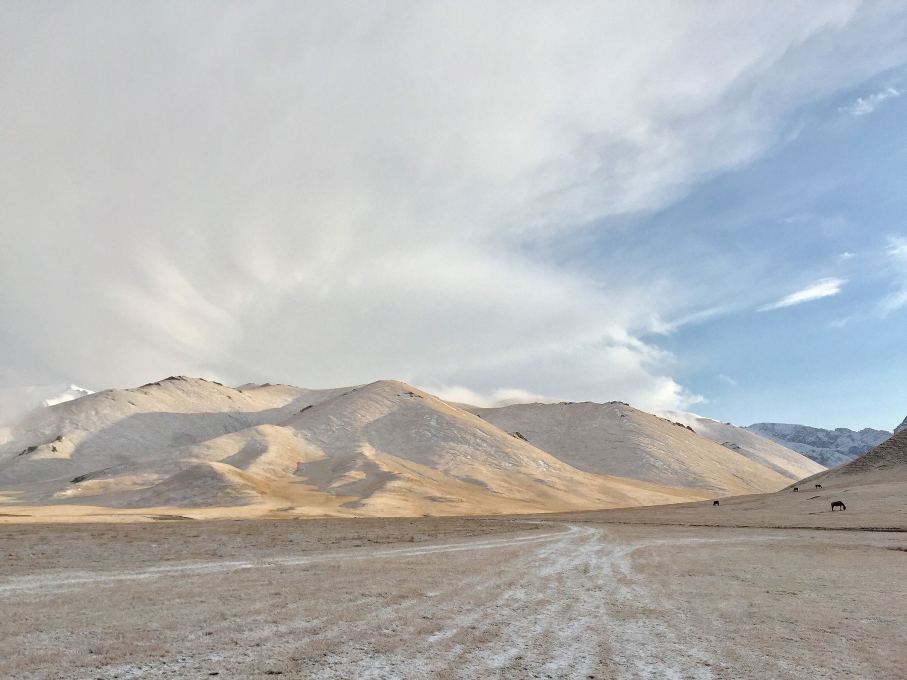 Le colline pedemontane dei Tien Shan sotto una leggera spruzzata di neve in settembre