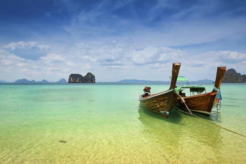 Due tipiche imbarcazioni in legno sulla spiaggia e formazioni di roccia carsica sullo sfondo, Trang, Sud della Thailandia. © Sunphol Sorakul / Getty I