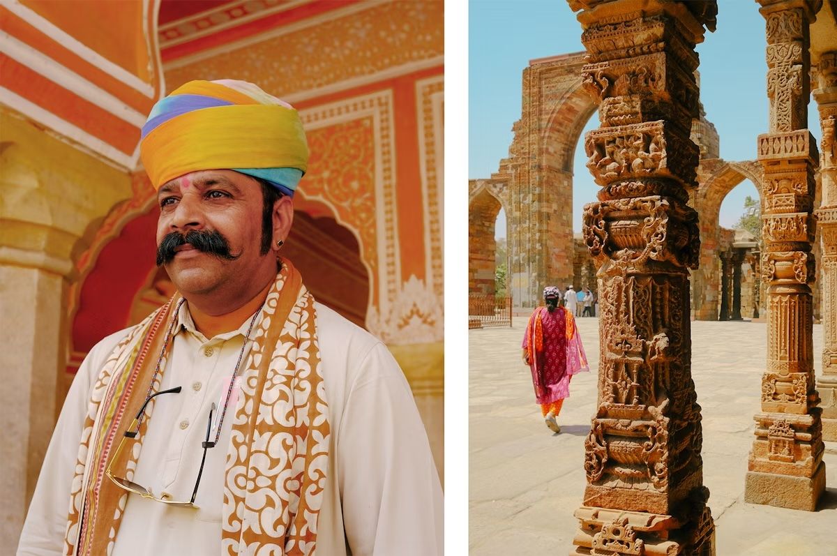 A sinistra: turbante colorato a Jaipur. A destra: pilastri finemente scolpiti all’interno del complesso del Qutab Minar a Delhi.