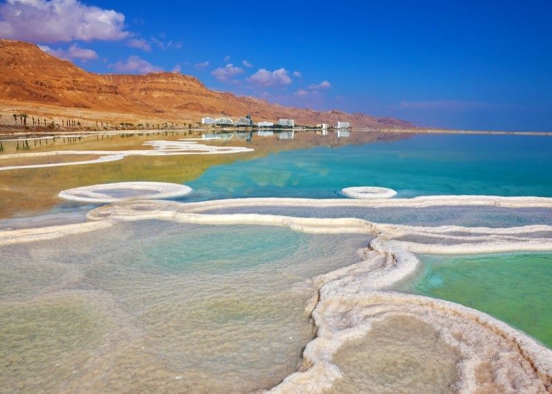 Lo spettacolo del mar Morto: acque blu cobalto circondate da depositi di sale, pareti di roccia rossa e macchie di vegetazione verde scuro. ©kavram/Sh