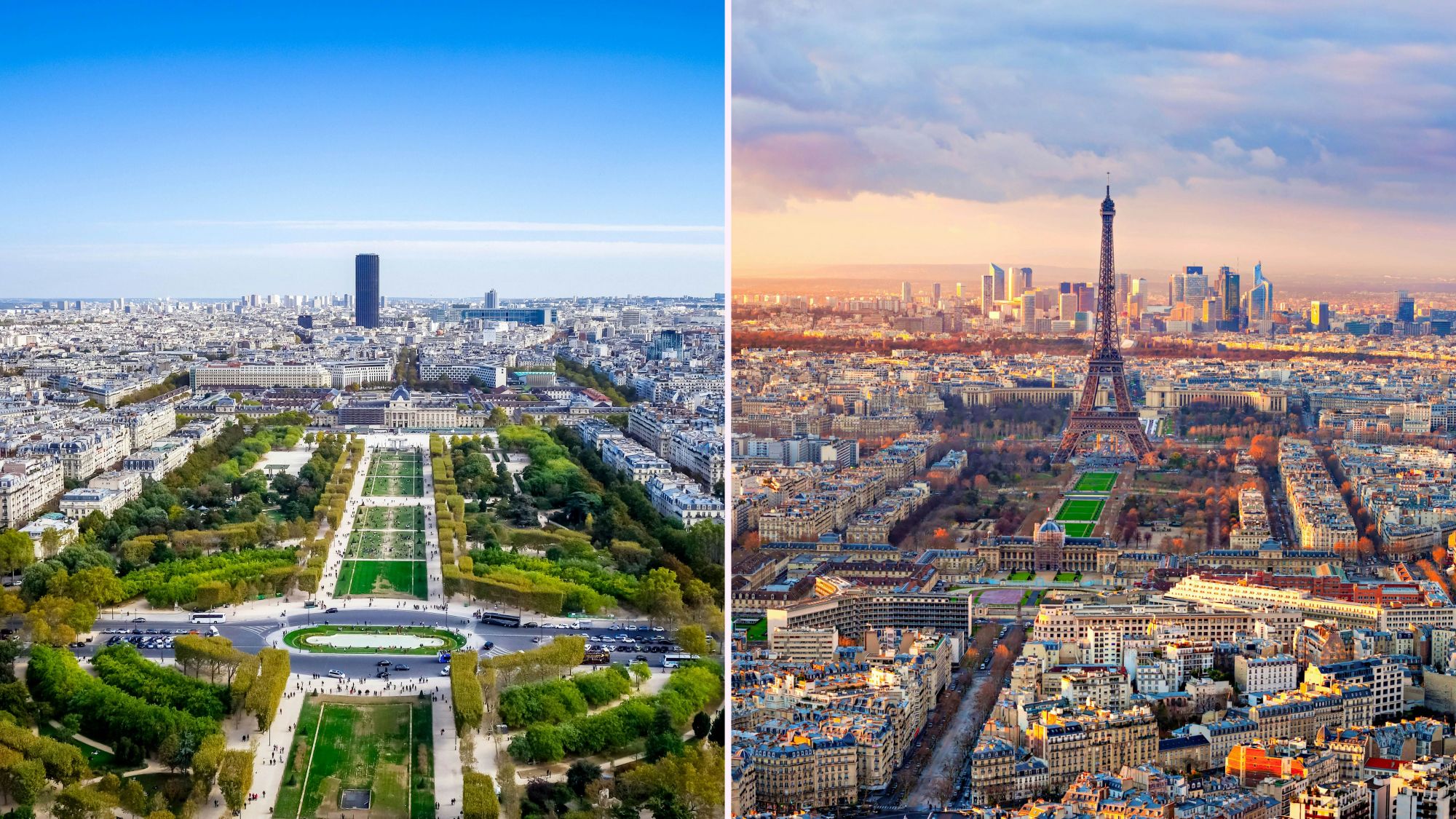 Parigi dall’alto: il panorama dalla tour Eiffel (a sinistra) e dalla Tour Montparnasse. © iStock; Shutterstock