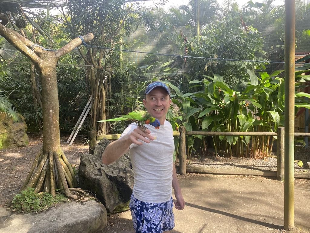 I variopinti lorichetti non vedono l’ora di tuffarsi nello sciroppo che i visitatori del Jardin Botanique offrono loro. © Brian Healy.