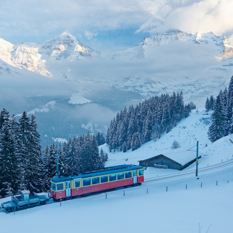 Lo Jungfraubahn attraversa boschi e colline, con le maestose montagne dell’Eiger, del Mönch e della Jungfrau sullo sfondo© AaronChenPS2/Shutterstock