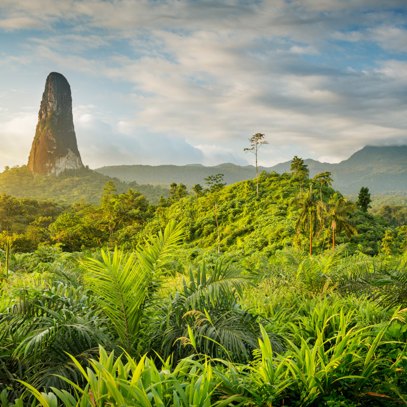 L’appuntita torre vulcanica del Pico Cão Grande si erge dall’entroterra meridionale di São Tomé  © Justin Foulkes /Lonely Planet