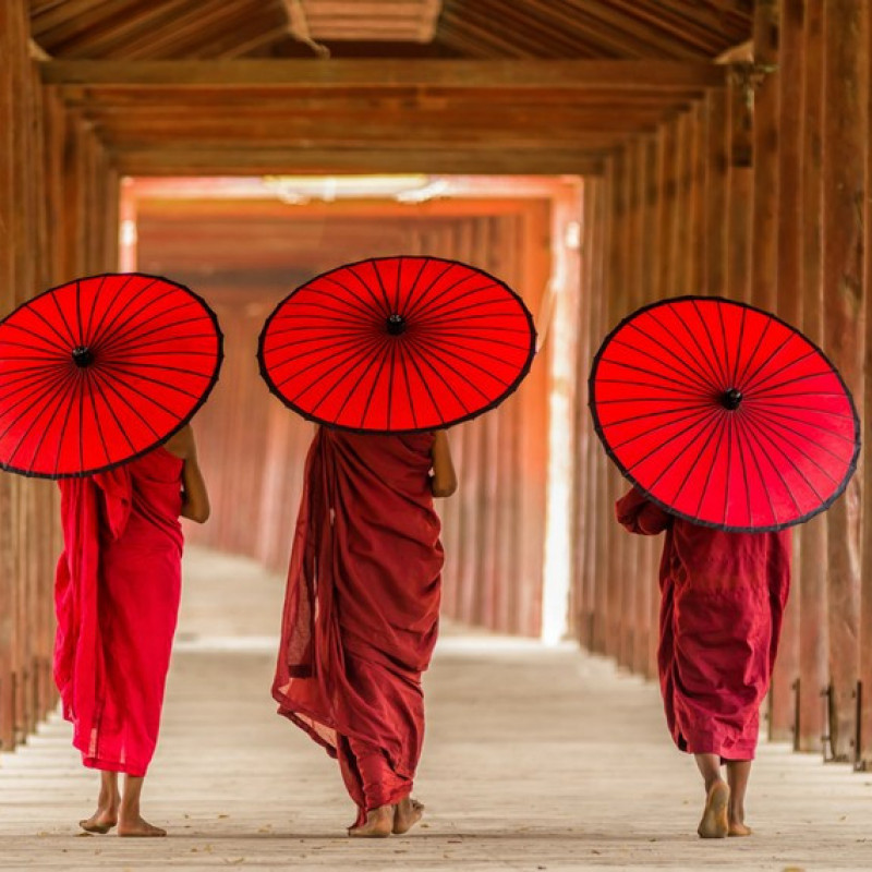 Tre novizi camminano verso una pagoda, Myanmar.
©TZIDO SUN/Shutterstock