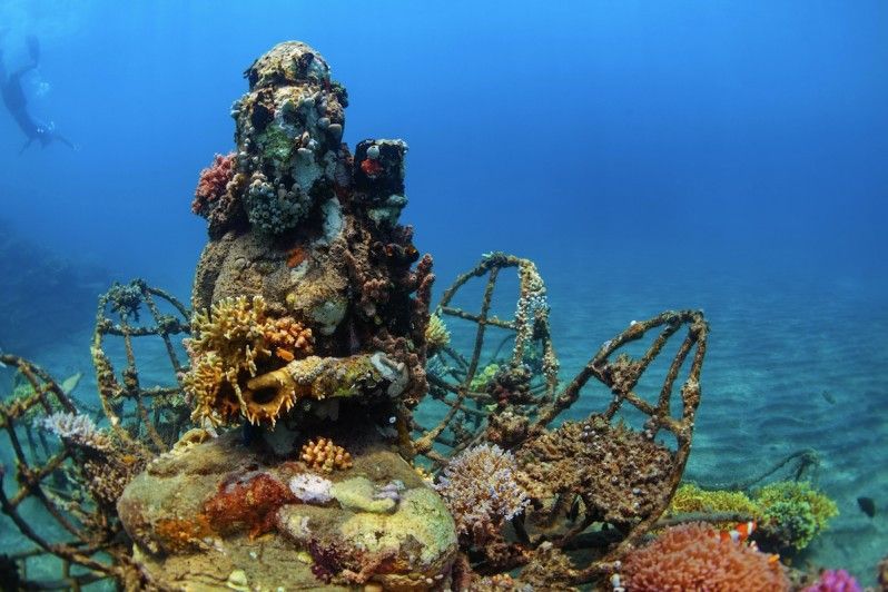 Una statua di Buddha ricoperta di coralli sul fondale marino al largo di Pemuteran, Indonesia. © Tropical studio / Shutterstock